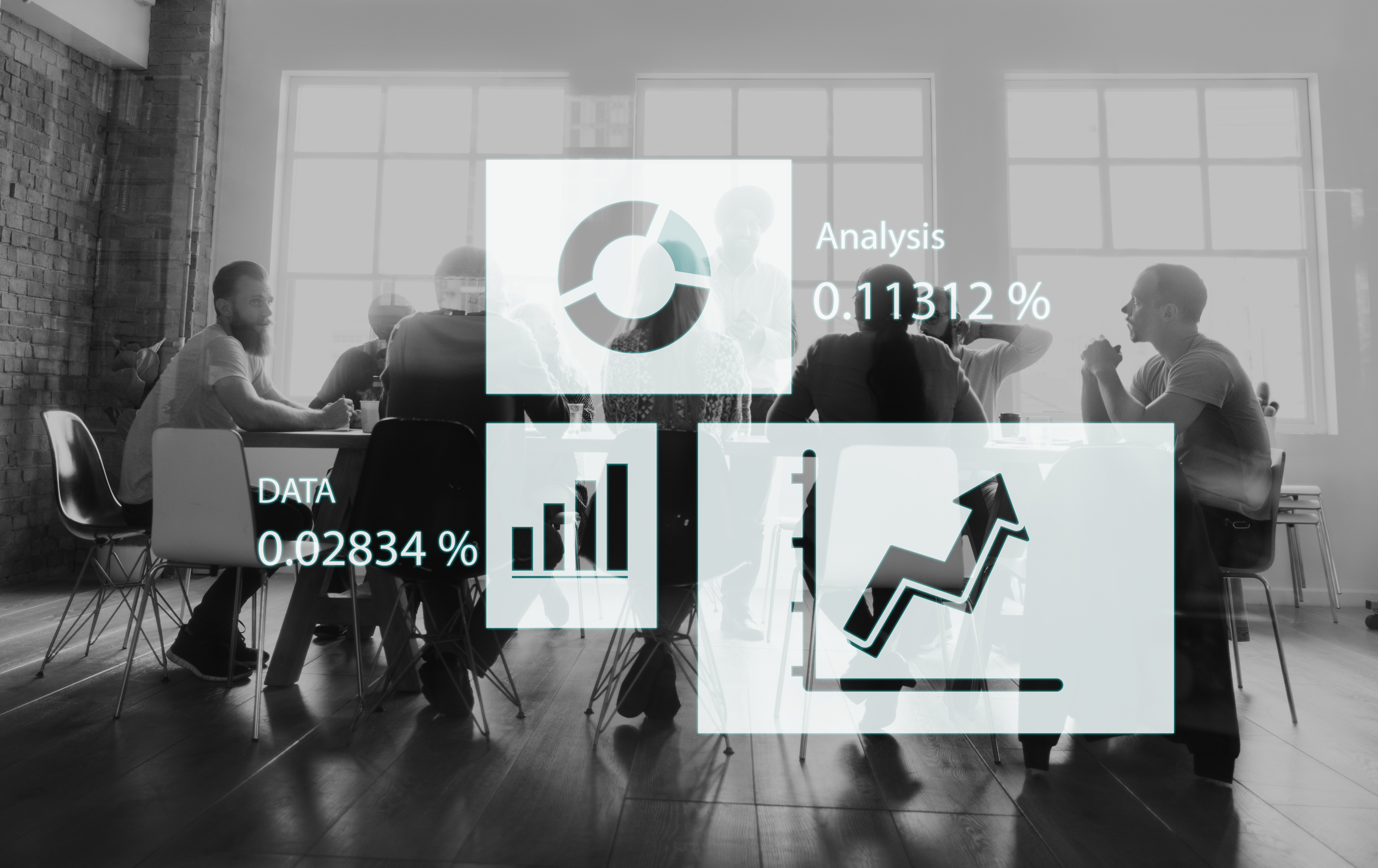 People in a meeting room with transparent data charts overlaying, including pie chart and graphs. Text reads 