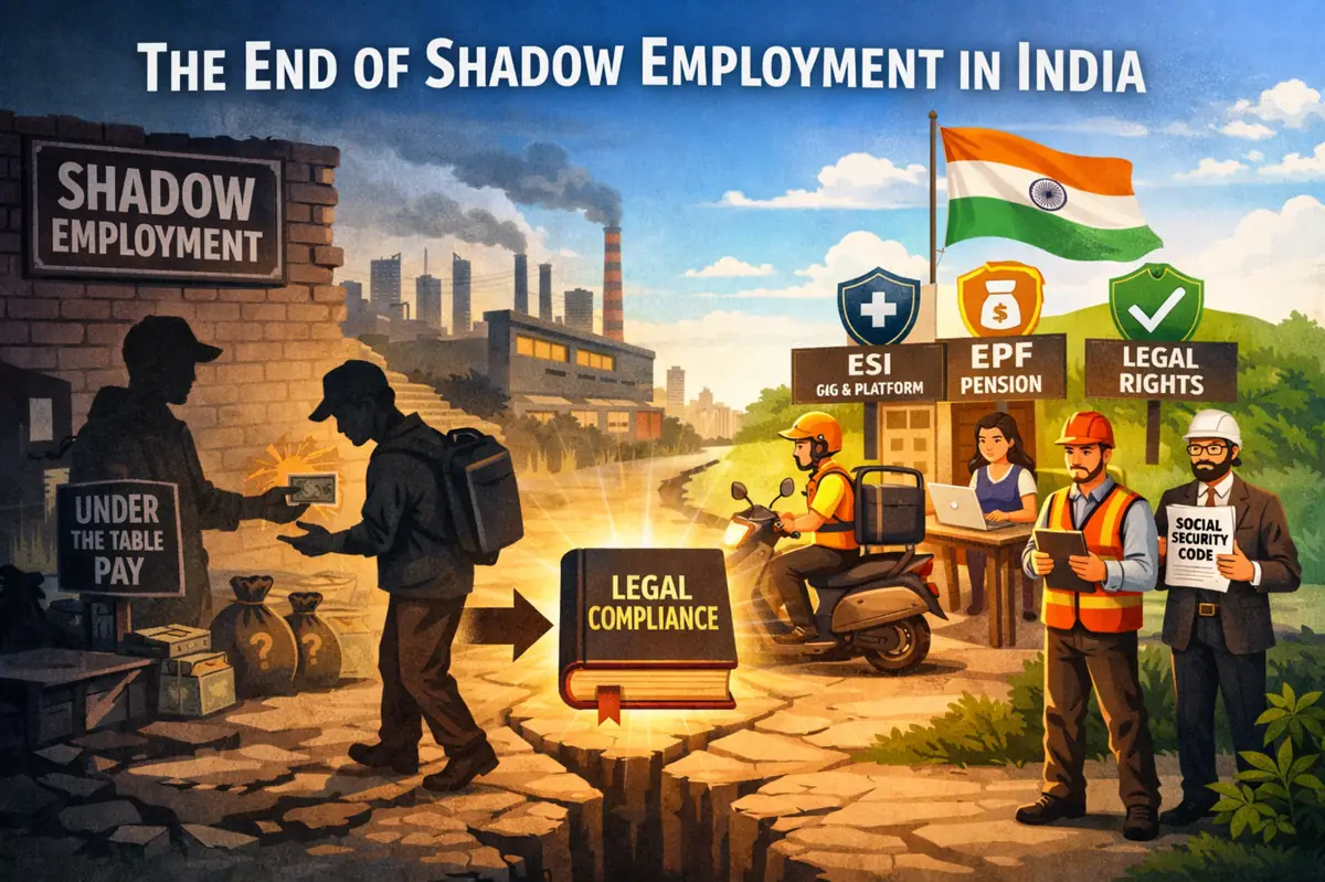 Workers move from shadow employment to legal setup with an Indian flag backdrop. Signs read ESI, EPF Pension, Legal Rights.
