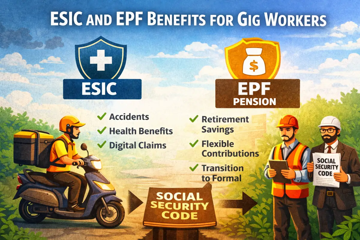 Gig workers illustrated with benefits, ESIC for accidents and health, EPF for retirement savings. Set in a sunny, green environment.